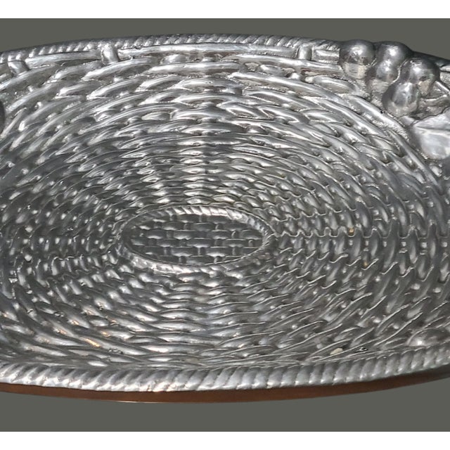 Late 20th Century Vintage Ornate Pewter Large Serving Tray with Basket Weave Grapes Motif For Sale - Image 5 of 12