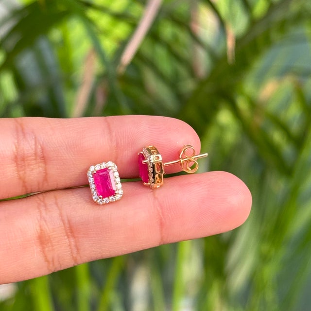 Ruby Red 18k Gold 1.21 Ct Octagon Ruby & Diamond Halo Statement Stud Earrings- A Pair For Sale - Image 8 of 14