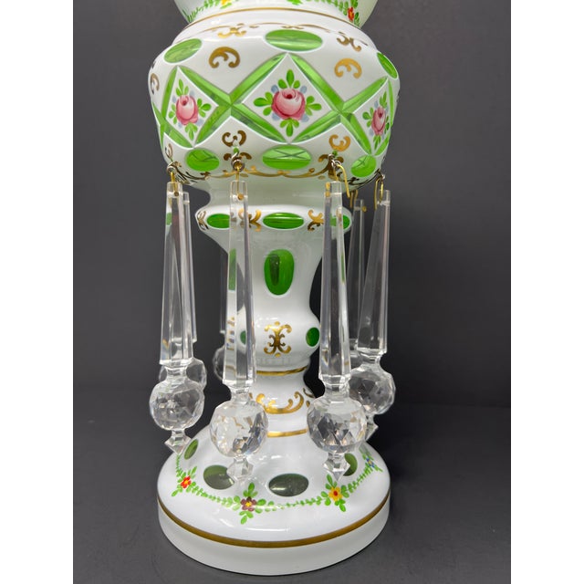 Hollywood Regency Vintage Bohemian Czech Green Overlay Luster Vase With Crystal Prisms, Hand-Painted Roses, Hollywood Regency Mantel Decor For Sale - Image 3 of 7