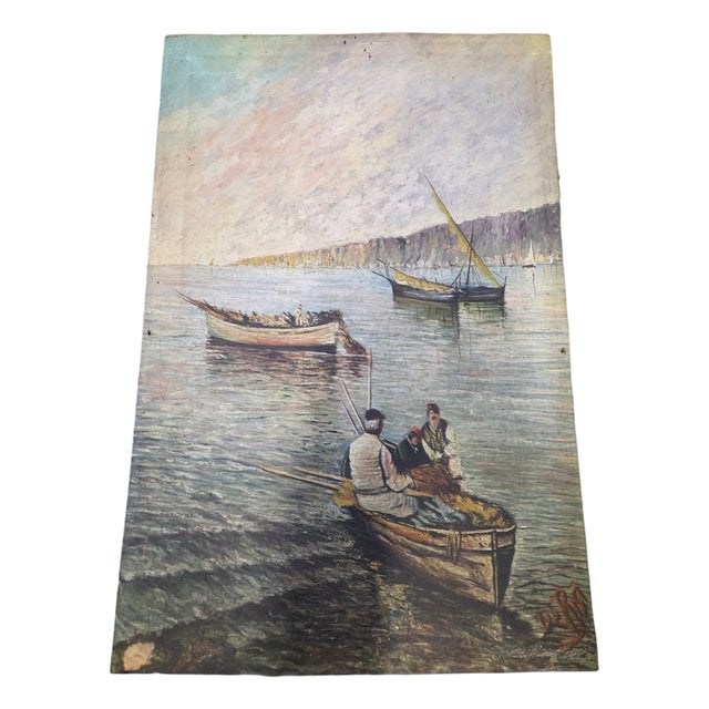 De Risi, Seascape with Fishermen ,Early 1900s, Oil on Canvas, Framed For Sale - Image 9 of 18