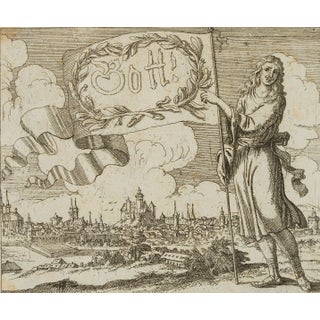 J. Meyer, Flag Bearer in Front of City Veduta, 17th-Century, Etching For Sale
