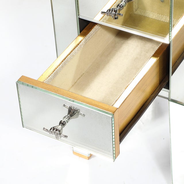 Modernist End Table/Nightstand in Antique Mirror W/ Sculptural Hand Pulls For Sale - Image 10 of 17