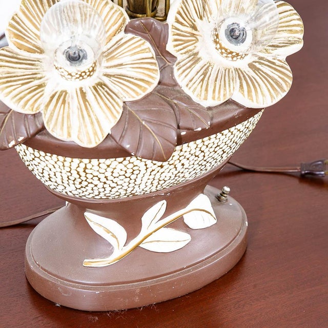 1960s Mid Century Modern Brown White Table Lamp Ceramic Floral Studio Designed For Sale - Image 9 of 12