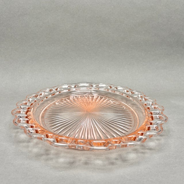 1930s Vintage Pink Anchor Hocking “Old Colony” Lace Edge Depression Glass Serving Platter For Sale - Image 5 of 8