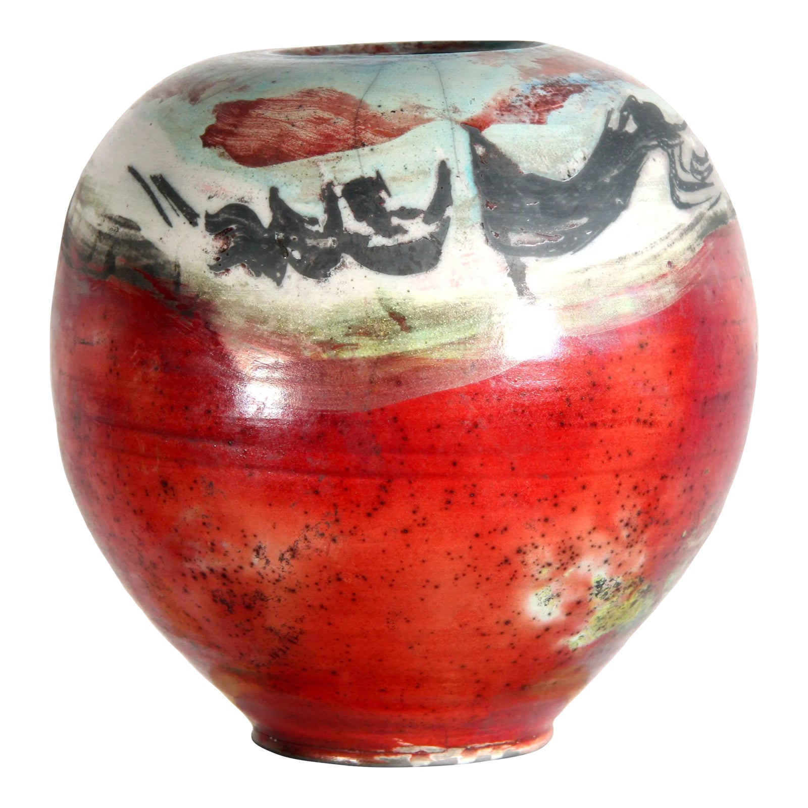 Vintage Fire Red Maine Studio Art Pottery Raku Cachepot / Vase