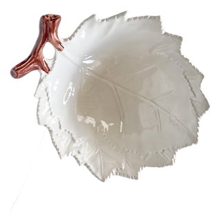 Leaf Bowl With Natural Branch Handle, Small — The Mane Lion, Hand-Painted Italian Ceramic For Sale