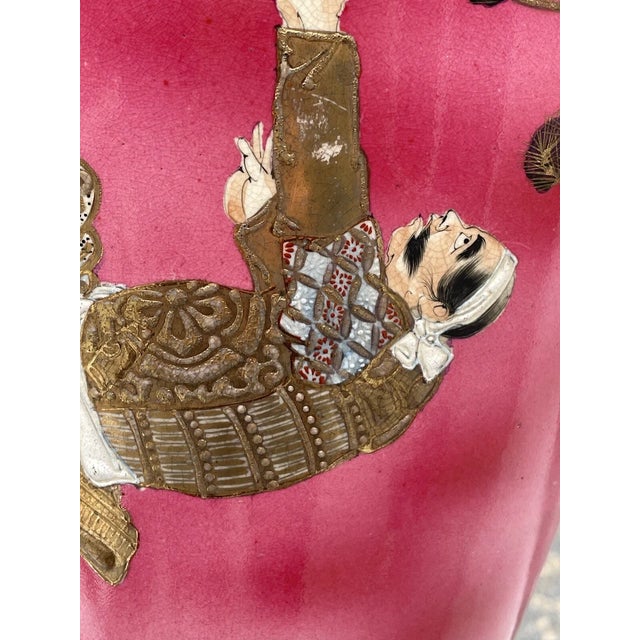 18" Fine & Large Antique Pink Satsuma Deep Relief Warrior Vase Meiji Era 19th C. For Sale - Image 17 of 18