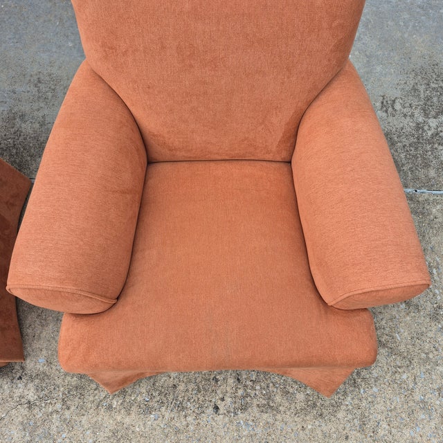 Orange Vintage Square Back Rust Orange Upholstered Skirted Roll Arm Lounge Chairs - A Pair For Sale - Image 8 of 17