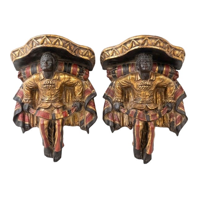 Vintage Venetian Style Polychrome Figural Wall Brackets - A Pair For Sale