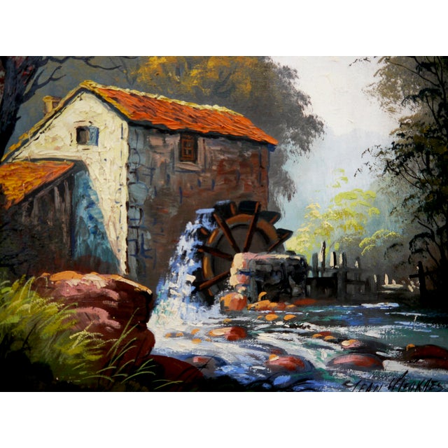 French 1940s J Weakaes French School Luminous Landscape With Water Mill, Oil Painting Signed For Sale - Image 3 of 10