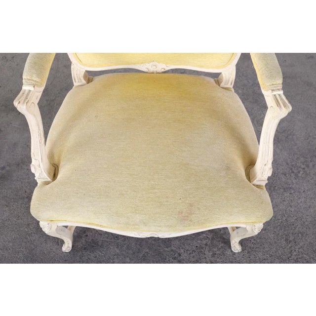 Light Yellow French Louis XV Style Painted Fauteuil Armchairs - a Pair For Sale - Image 8 of 13
