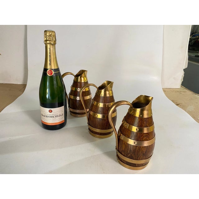 Oak and Brass Barrel Form Pitchers from Gerard Lafitte, France, 1933, Set of 3 For Sale - Image 12 of 13
