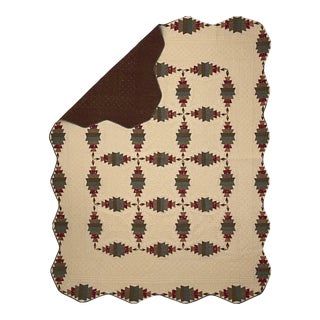 1990s Scalloped Southwest Quilt Brown Burgundy Slate Blue For Sale