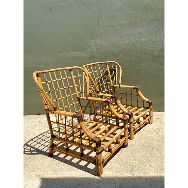 Mid-Century Modern Vintage Grid Rattan High Back Chairs - Pair For Sale - Image 3 of 12