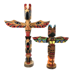 1980s Totem Poles Hand Carved Wood Winged Henry Peltier & Chief White Eagle