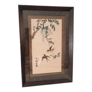 Vintage Chinese Taiwanese Aviary Floral Seed Landscape Painting Artwork Collage