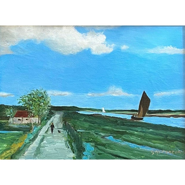 Oil painting on canvas board of a Dutch landscape with sailboats along a river, a woman walking her dog along a path...
