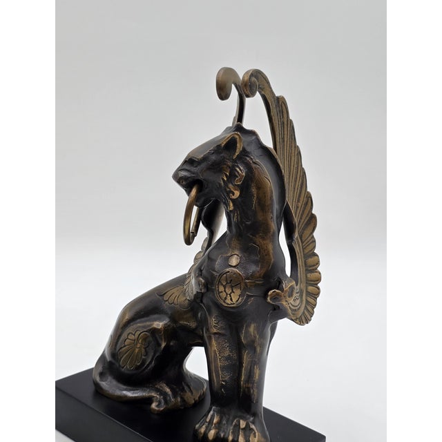 Biedermeier Rare Pair of Antique Early 20th C Bronze Winged Griffin Bookends on Pedestal. For Sale - Image 3 of 16
