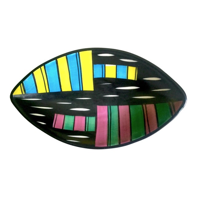 Vintage Mid Century Modern West German Schramberg Venezia Hand Painted Ceramic Art Pottery Elipse Bowl For Sale