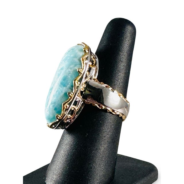 2000 - 2009 Larimar Large Gemstone Ring Sterling Silver & Gold Vermeil Sz 7 New! For Sale - Image 5 of 7