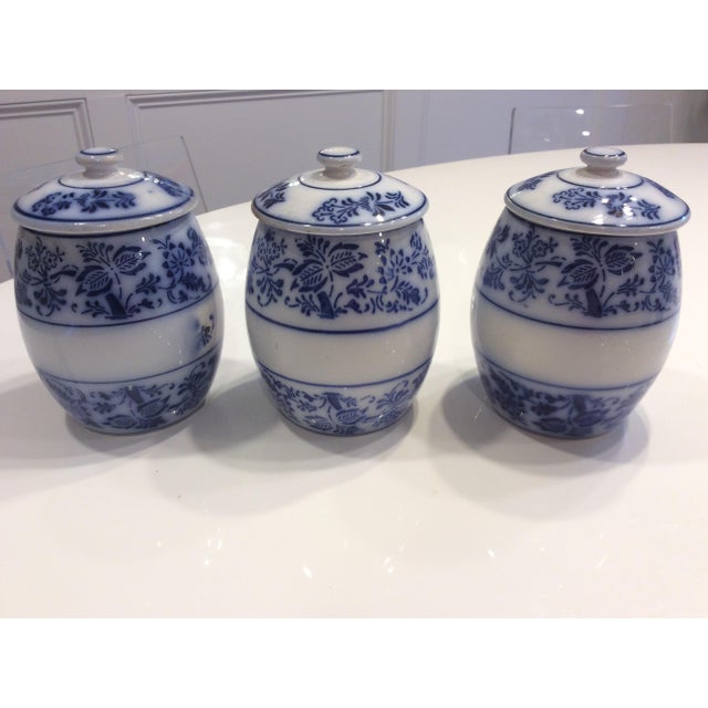 Antique Flow Blue Blue Onion Kitchen Canisters Germany Set Of 3