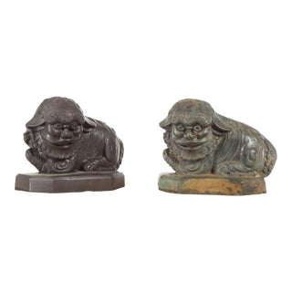 Vintage Lost Wax Cast Bronze Foo Dog Sculptures with Bronze or Verde Patina For Sale