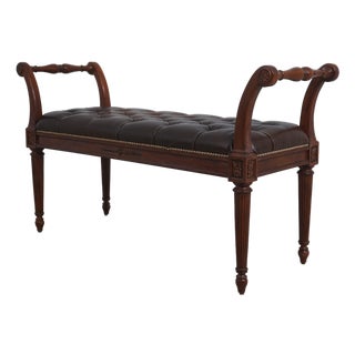French Louis XVI Style Brown Leather Seat Bench For Sale