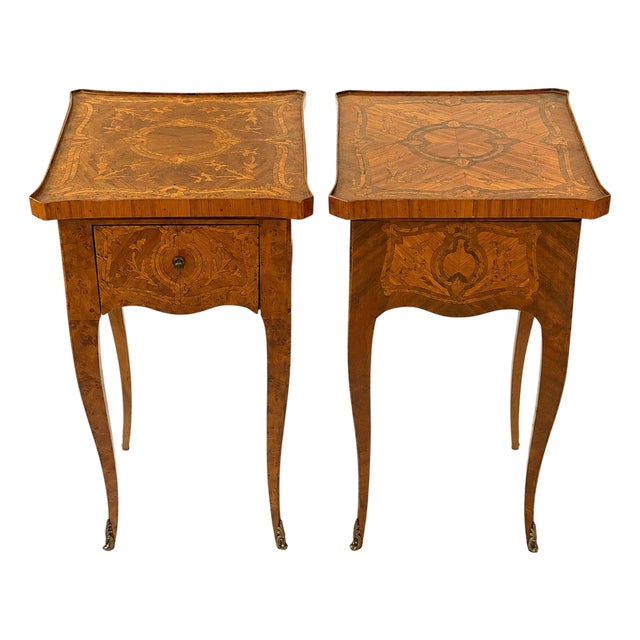 Rare French Marquetry Writing Tables With Leather Pull Out Slides - A Pair For Sale