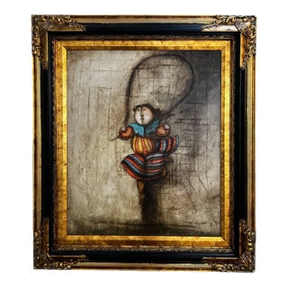 Large Late 20th Century J. Roybal Painting of Jump Roping Girl With Ornate Frame For Sale