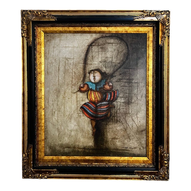 Large Late 20th Century J. Roybal Painting of Jump Roping Girl With Ornate Frame For Sale