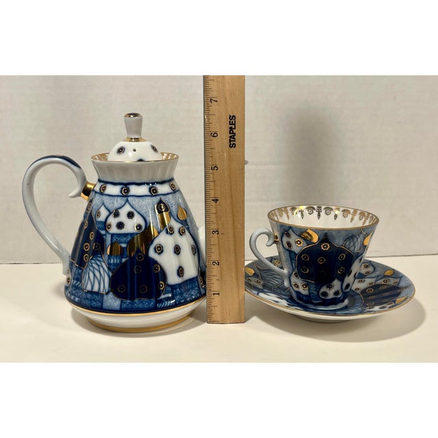 Vintage Imperial Porcelain Church Bells Tea Set 3 Pc LFZ Lomonosov Teapot, Cup, Saucer For Sale - Image 12 of 12