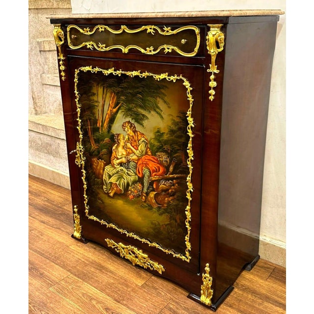 French French Louis XVI Marble Top Accent Cabinet With Romantic Courting Scene, Hand-Finished Gold Leaf & Fine Hardwood Construction For Sale - Image 3 of 3