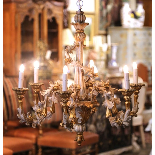 Mid 20th Century Mid-Century Italian Rococo Painted and Gilt Composition Six-Light Chandelier For Sale - Image 5 of 14