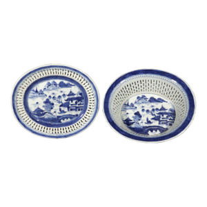 Chinese Export Porcelain Canton Blue & White Chestnut Basket & Stand