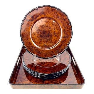 Vintage Mikasa Japan Faux Burl Lacquer Serving Tray & Plates – Set of 7 For Sale