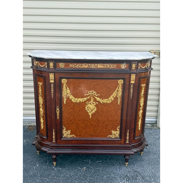 French 1960s French Louis XVI Marble Top Cabinet Marquetry Inlay, Gilt Bronze Ormolu, Luxury Accent Cabinet For Sale - Image 3 of 8