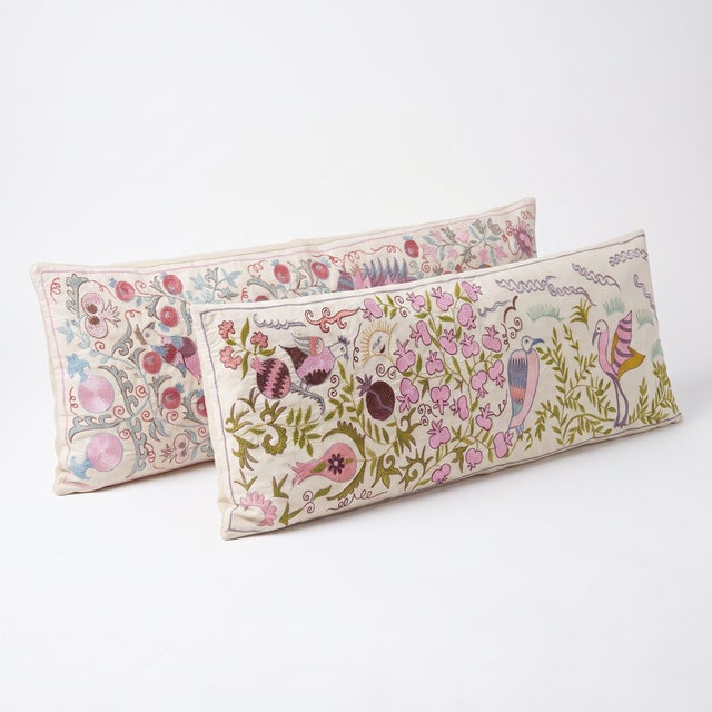 Mid-Century Modern Floral Suzani Lumbar Pillow Cover 18'' X 53'' - Set of Two For Sale - Image 3 of 4