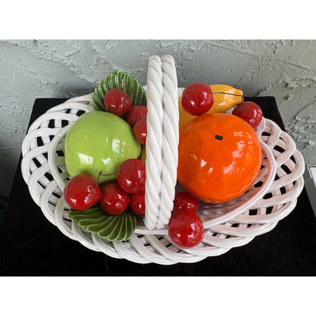 White Vintage Italian Bassano Ceramic Fruit Basket Centerpiece – Hand Painted Majolica Italian Kitchen Decor For Sale - Image 8 of 10
