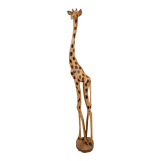 Hand Crafted 5.5' Golden Wood & Brown Standing Wooden Giraffe For Sale