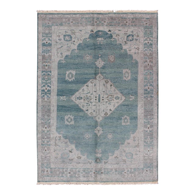 Modern Oushak Design in Silver and Sea-Foam Green Color For Sale