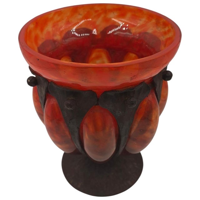 1920s 1920s Art Deco Charles Schneider Mottled Art Glass Compote in Wrought Iron Mount - 8" For Sale - Image 5 of 10