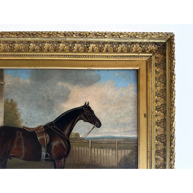 Textile 1800s Century "Reprieve" Antique Bay Hunter Horse Painting Oil on Canvas by Apelles For Sale - Image 7 of 10