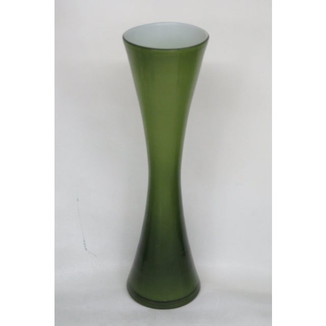 Mid Century Hand Blown Cased Glass Green Tall Vase For Sale - Image 4 of 8