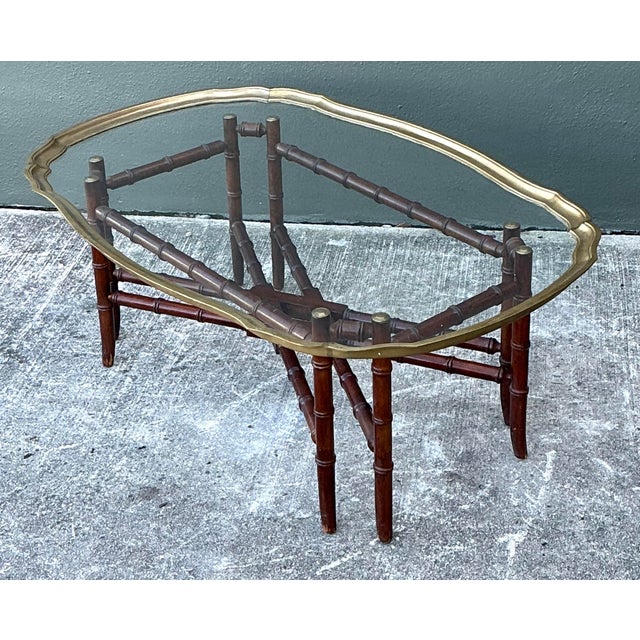 Vintage Carved Bamboo Coffee Table With Brass Framed Glass Top For Sale In West Palm - Image 6 of 12