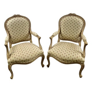 French Louis XV Style Bergère Armchair, Painted Frame, Floral Embroidery, a Pair For Sale