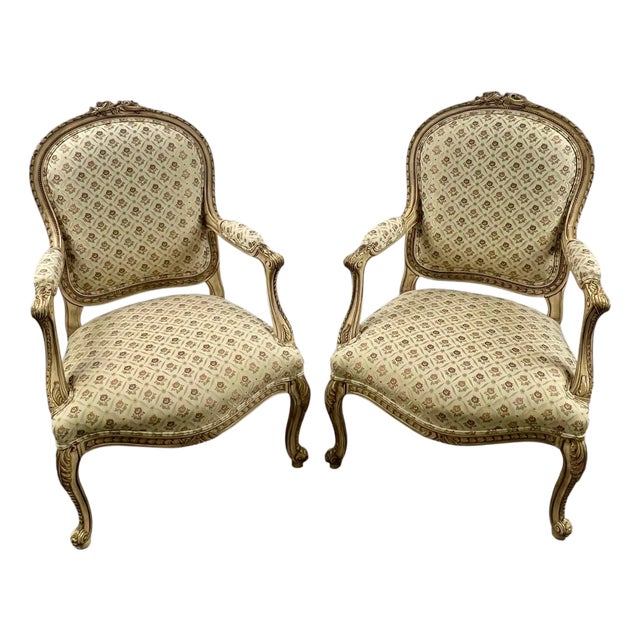 French Louis XV Style Bergère Armchair, Painted Frame, Floral Embroidery, a Pair For Sale