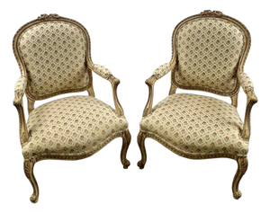 French Louis XV Style Bergère Armchair, Painted Frame, Floral Embroidery, a Pair