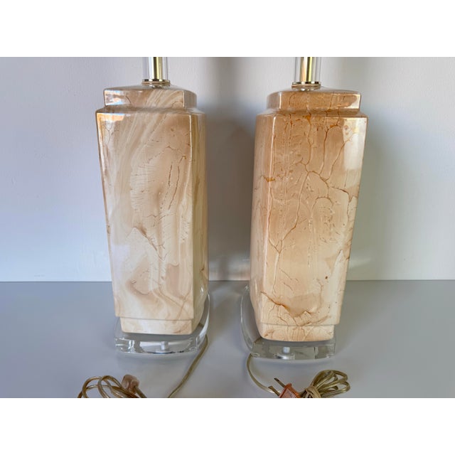 Mid-Century Modern 1980's Vintage Bauer Faux Marble Finish Ceramic Table Lamps - a Pair For Sale - Image 3 of 12