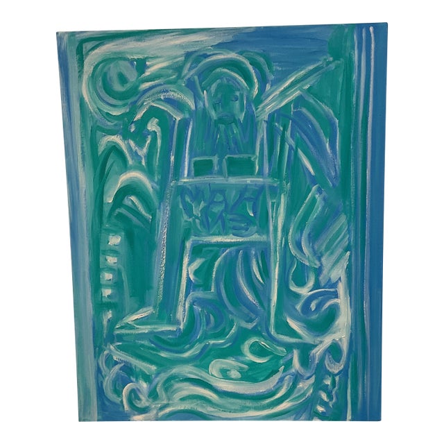 Abstracted Figures Blue Original Molly J Schiff Oil on Canvas For Sale