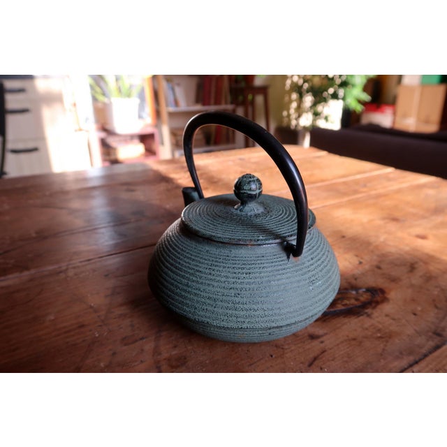 Vintage Green Cast Iron Teapot, Japanese Tetsubin Style, Ribbed For Sale - Image 9 of 11